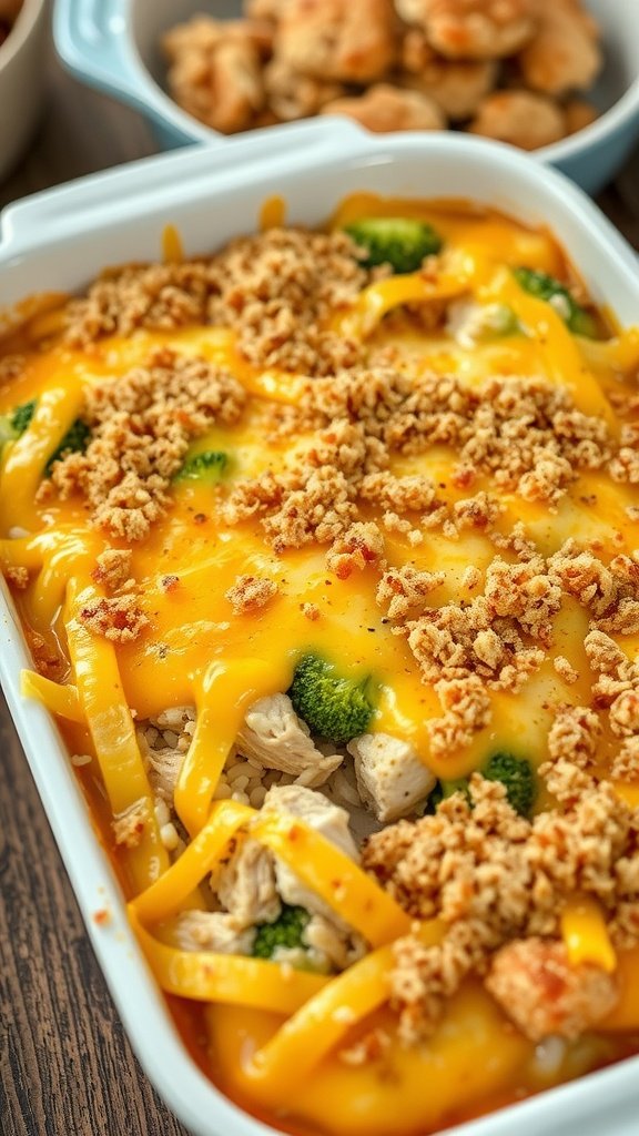 Delicious Cheesy Chicken Casserole Recipe Cheesy chicken casserole with broccoli and crispy topping in a baking dish, served on a rustic table.