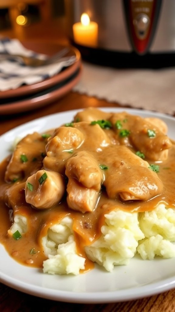 Crock Pot Chicken and Gravy for Two A plate of Crock Pot Chicken and Gravy served over mashed potatoes in a cozy setting.