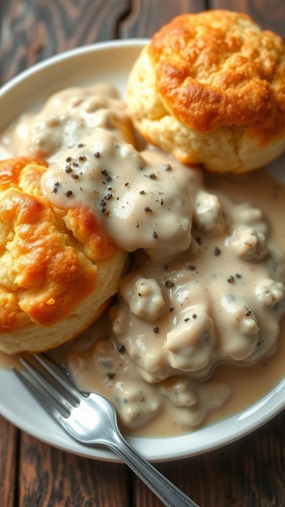 Fluffy Almond Flour Biscuits with Keto Sausage Gravy Fluffy almond flour biscuits with sausage gravy, served on a rustic plate.