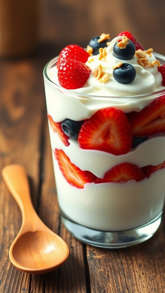 Coconut Yogurt Parfait with Fresh Berries – A Keto Delight Coconut yogurt parfait with fresh berries and nuts in a clear glass on a rustic table.