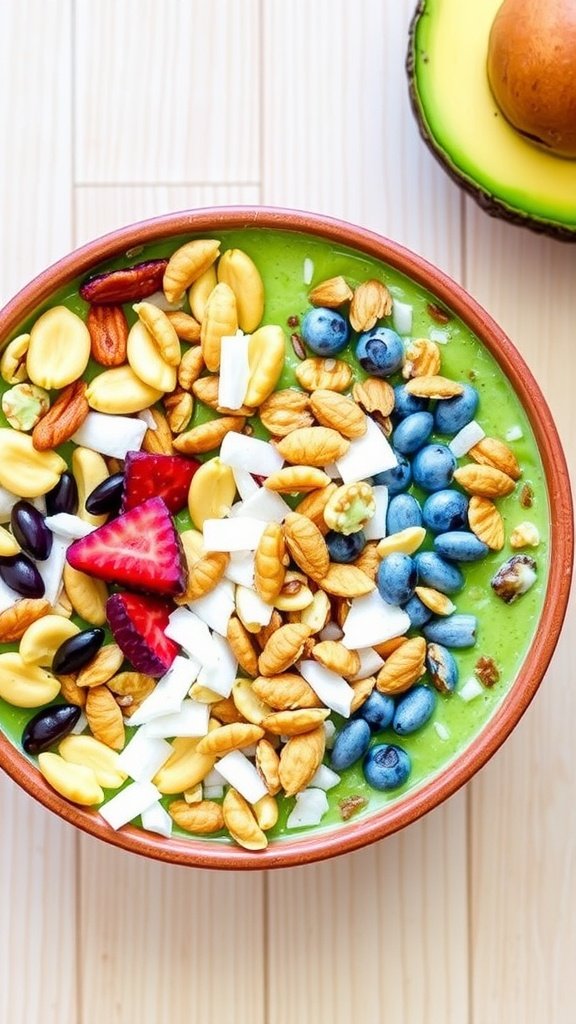 Sunrise Keto Smoothie Bowl: A Burst of Morning Energy A Keto Smoothie Bowl with avocado and spinach, topped with nuts, seeds, and coconut flakes on a wooden table.