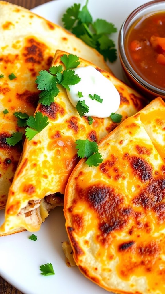 Savory Cheesy Chicken Quesadillas Recipe Crispy cheesy chicken quesadillas served with salsa and sour cream.