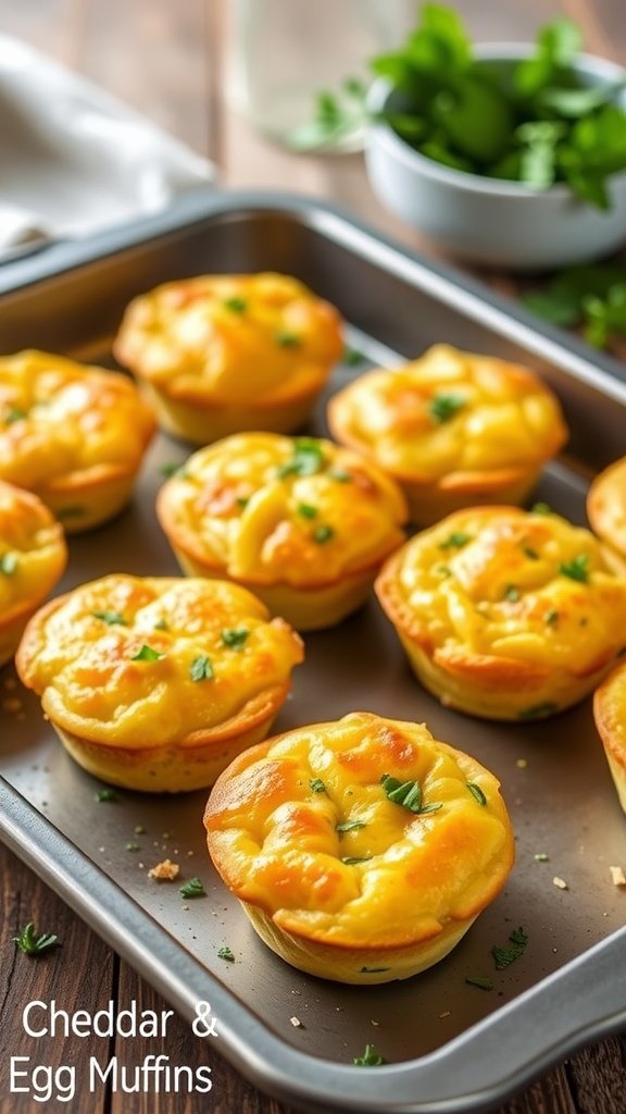Savory Cheddar & Herb Keto Egg Muffins Recipe Golden Keto Egg Muffins with cheddar and herbs on a rustic wooden table.