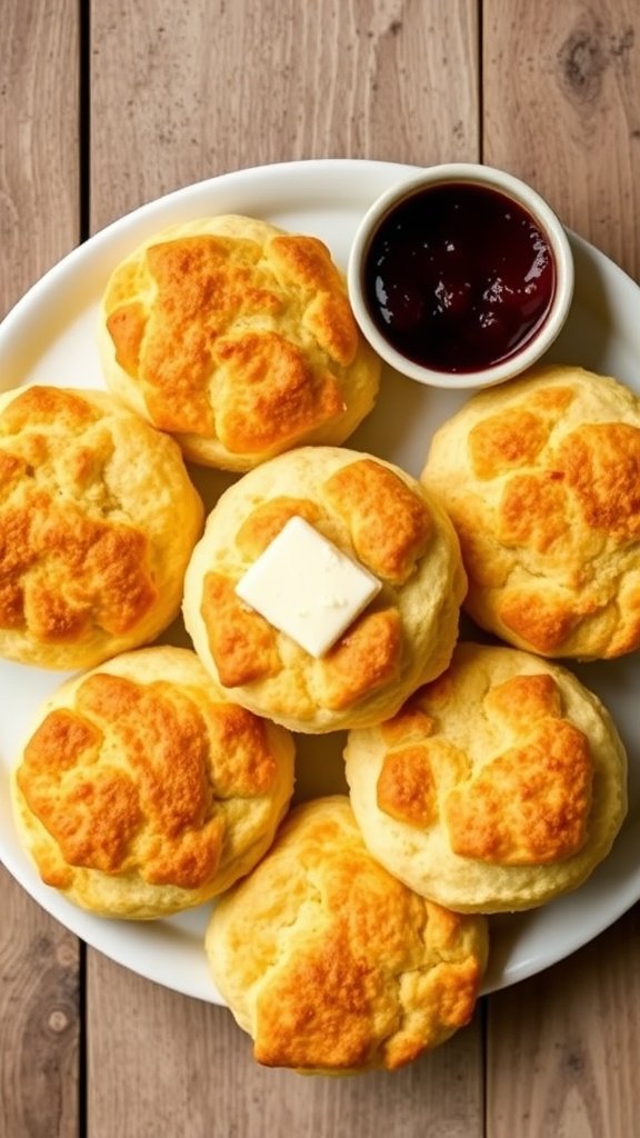 Fluffy Keto Biscuits Recipe Golden fluffy Keto Biscuits with butter and low-carb jam on a rustic wooden table.