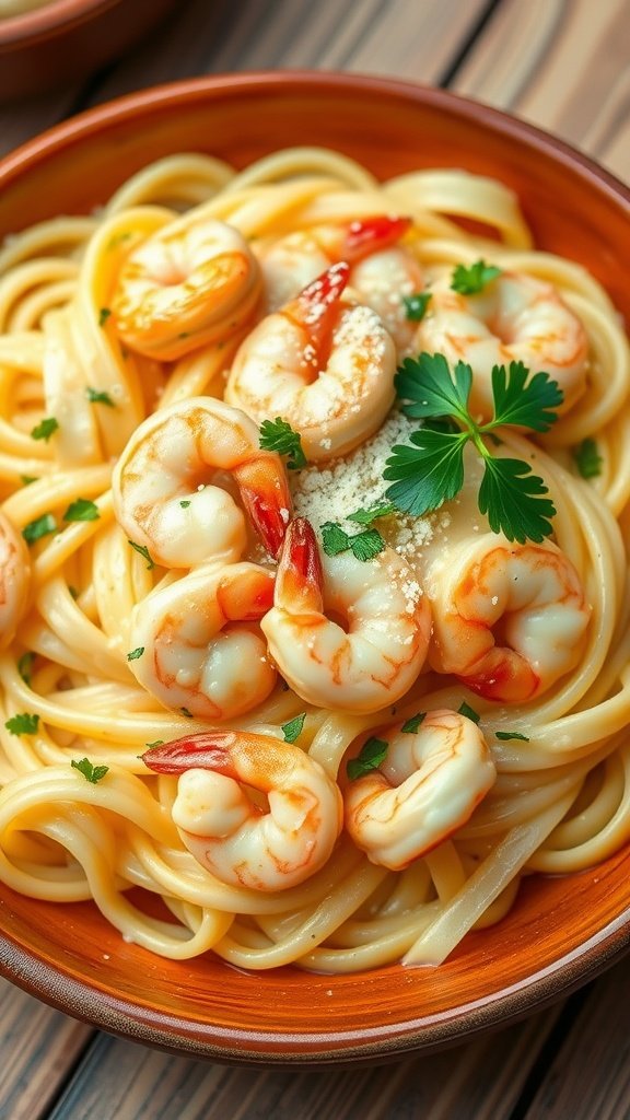Creamy Cheesy Shrimp Pasta Recipe Creamy cheesy shrimp pasta with parsley, shrimp, and cheese on a rustic table.