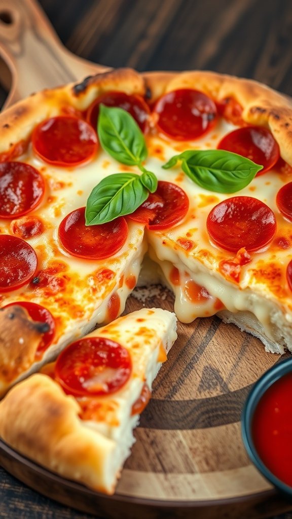 Delicious Cheese-Stuffed Crust Pizza Recipe A cheese-stuffed crust pizza with pepperoni and melted cheese, showcasing the gooey cheese filling in the crust, on a wooden board.