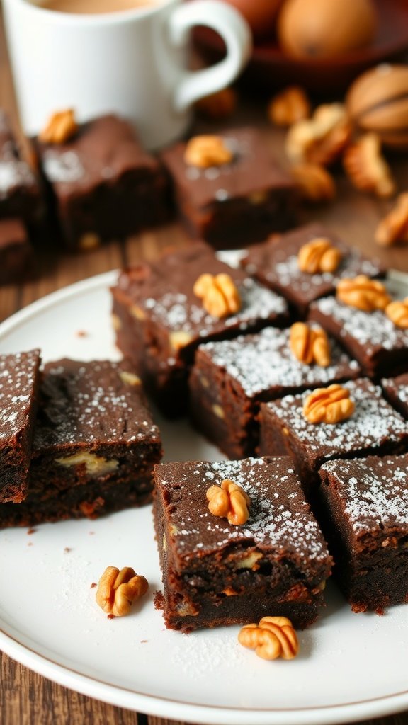 Decadent Chewy Walnut Brownies Recipe Decadent chewy walnut brownies on a plate, topped with walnuts and powdered sugar, ready to enjoy.
