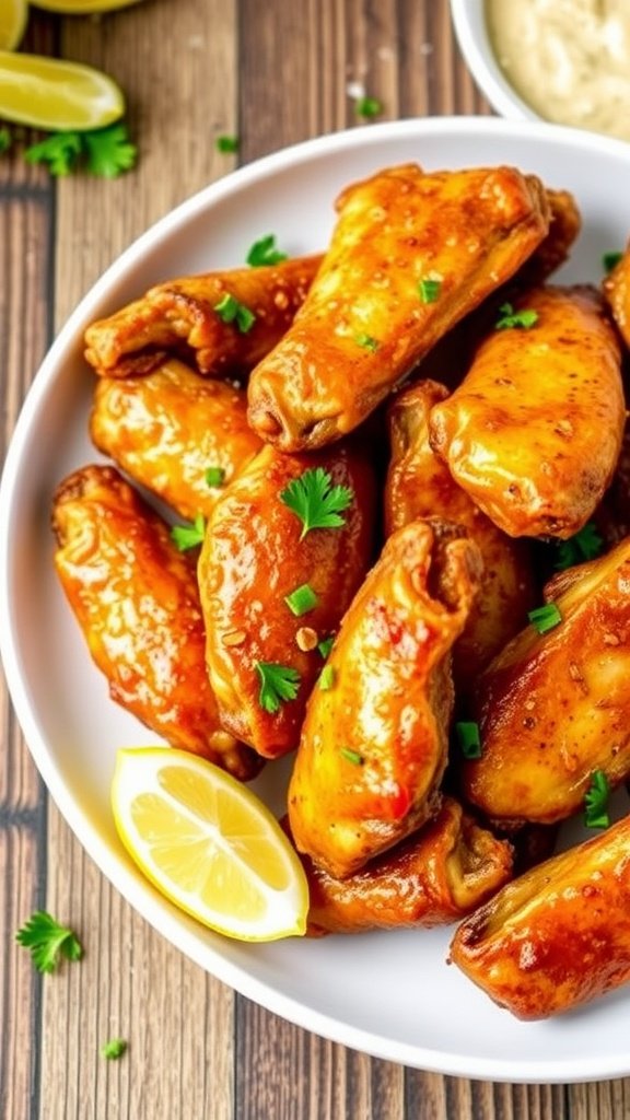 Zesty Lemon Pepper Air Fryer Chicken Wings Crispy lemon pepper chicken wings on a plate with parsley and lemon wedges.