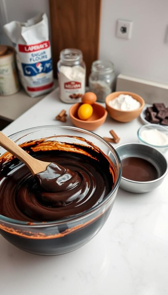 Mixing batter for brownies Mixing batter for brownies