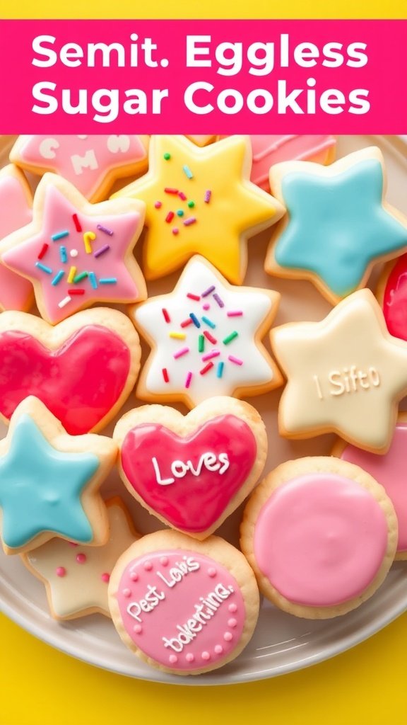 The Ultimate Eggless Sugar Cookies (Soft Cut-Out) Recipe Platter of decorated eggless sugar cookies in fun shapes, with colorful icing and sprinkles.