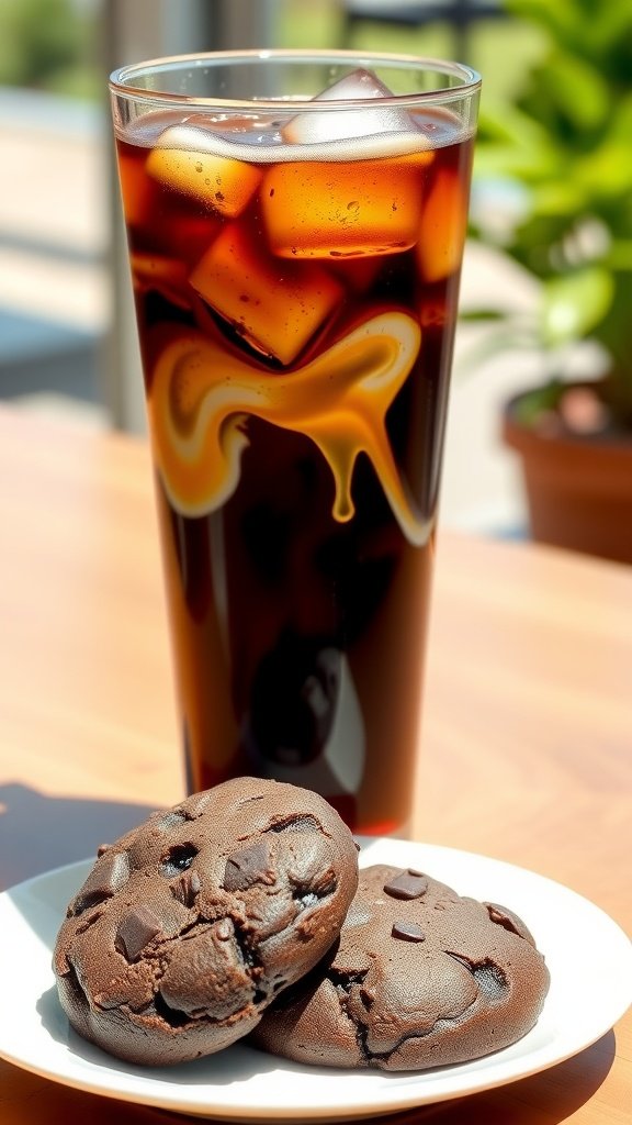 How to Make Perfect Iced Coffee at Home Perfect iced coffee in a tall glass with ice cubes and a swirl of milk, served with a cookie.