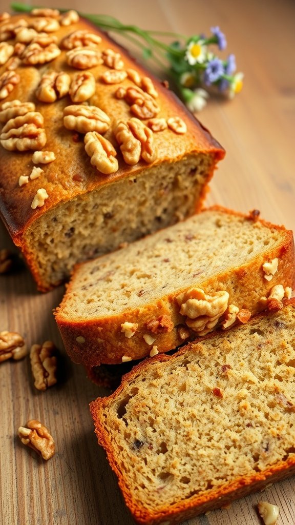 Mama A loaf of banana nut bread with walnuts, sliced, on a rustic wooden table with flowers.