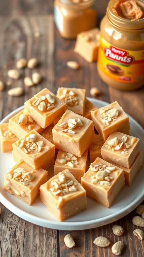Easy Peasy Peanut Butter Fudge Recipe Delicious peanut butter fudge squares on a plate, sprinkled with crushed peanuts, on a wooden table.