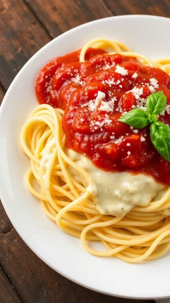 Expert Tips for Making Alfredo & Marinara Pasta A plate of spaghetti with creamy Alfredo sauce and marinara sauce, garnished with basil and Parmesan cheese.