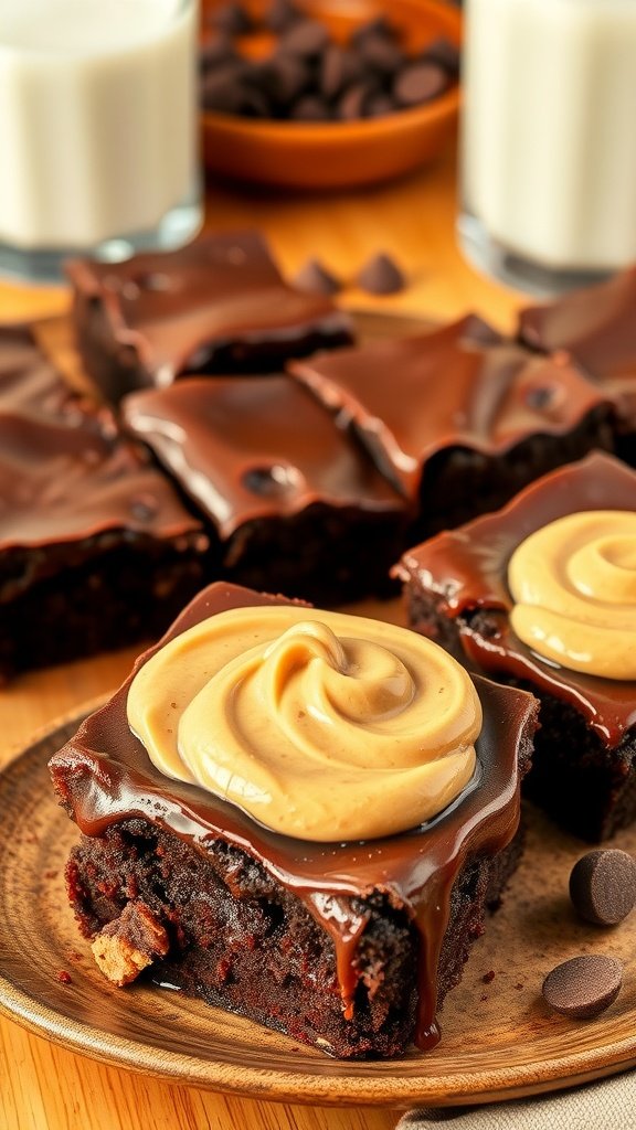 Decadent Fudgy Peanut Butter Brownies Recipe Fudgy peanut butter brownies on a rustic plate with a glass of milk and chocolate chips.
