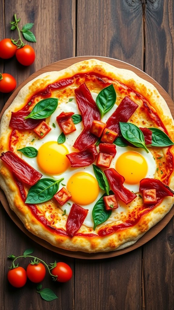 Eggcellent Keto Breakfast Pizza on Cloud Bread Keto breakfast pizza on cloud bread topped with eggs, bacon, and spinach, served on a rustic wooden table.