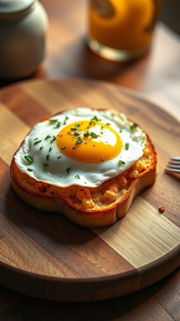 Crispy Keto Cauliflower Toast with a Perfect Egg Recipe Crispy cauliflower toast topped with a sunny-side up egg and fresh herbs on a wooden board.