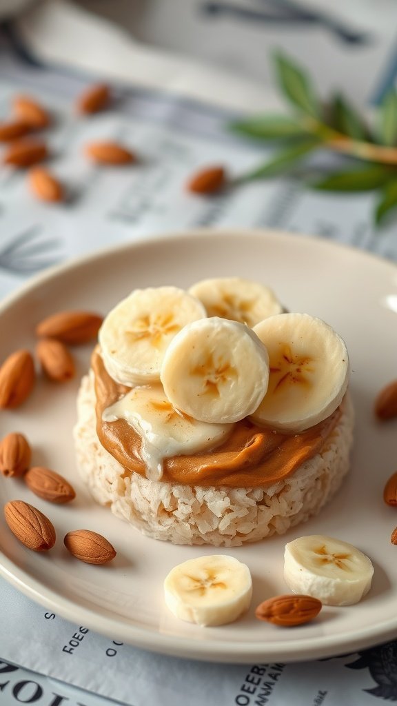 Rice cake topped with almond butter and banana slices