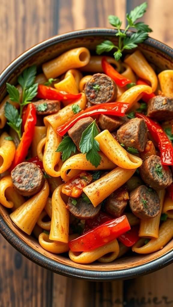A bowl of pasta with Andouille sausage and colorful peppers
