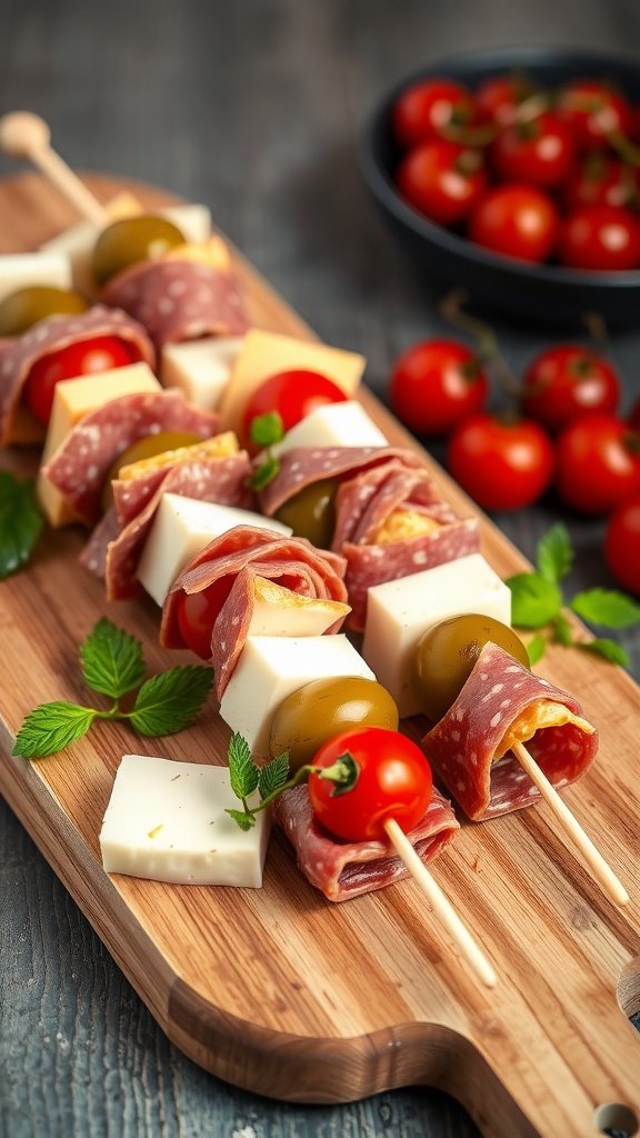 Antipasto skewers featuring salami, olives, and cheese