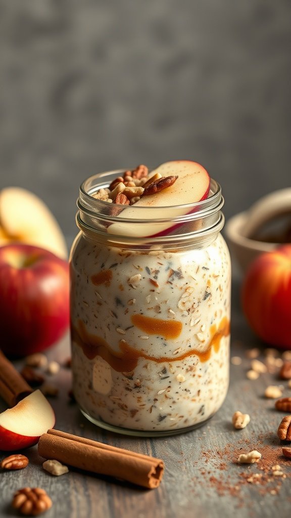 A jar of apple cinnamon overnight oats with diced apples and nuts on top.