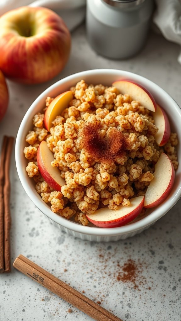 Bowl of Apple Cinnamon Overnight Quinoa topped with apple slices and cinnamon