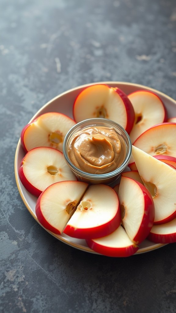 A plate of fresh apple slices with a small bowl of almond butter in the center.