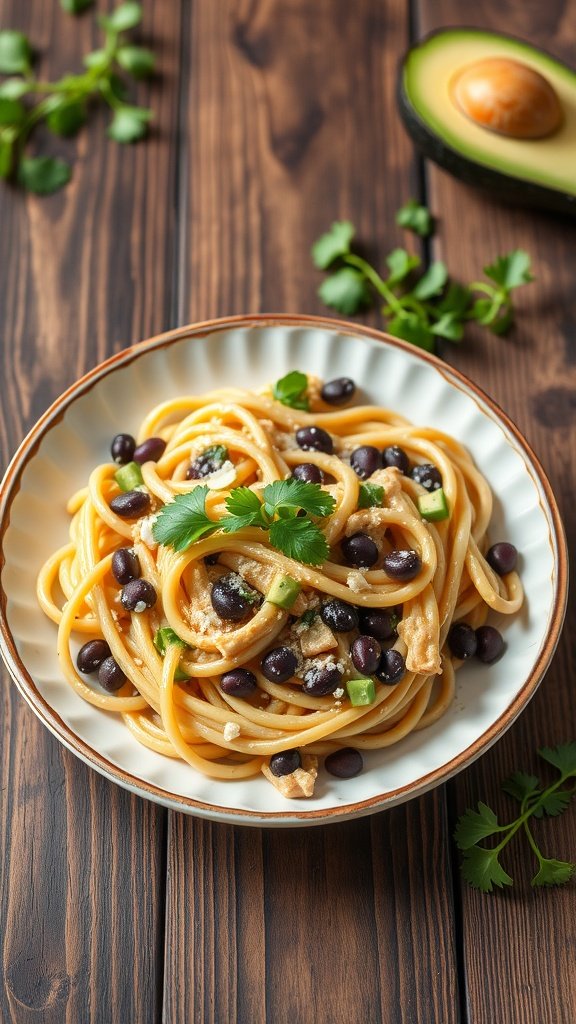 A bowl of avocado and black bean pasta garnished with cilantro.