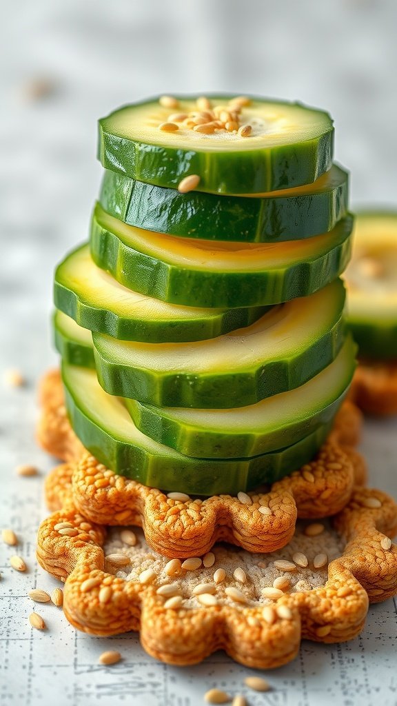 Avocado and cucumber bites stacked on a decorative cracker