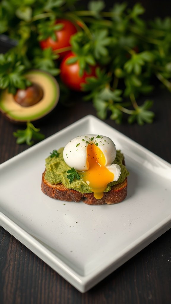 A plate of avocado toast topped with a poached egg, garnished with parsley, surrounded by tomatoes and an avocado in the background.