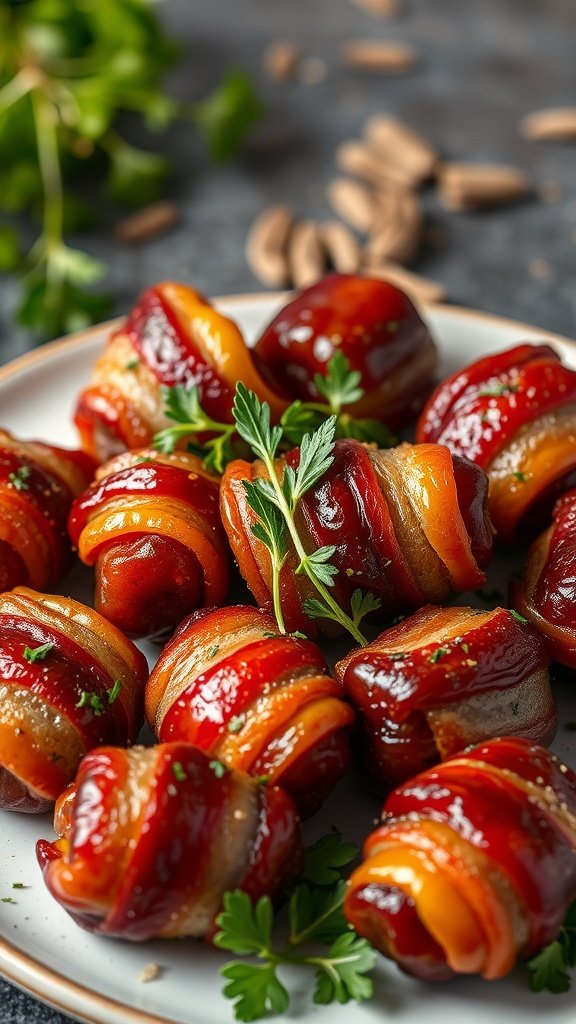 A plate of delicious bacon-wrapped dates garnished with parsley.