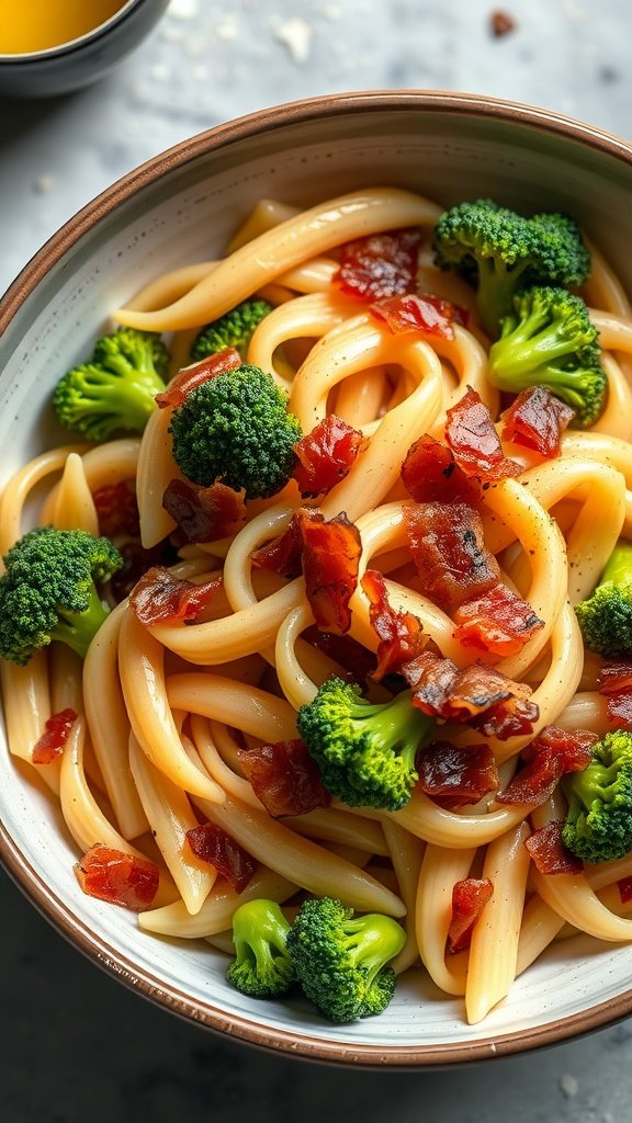 A bowl of penne pasta with bacon and broccoli.