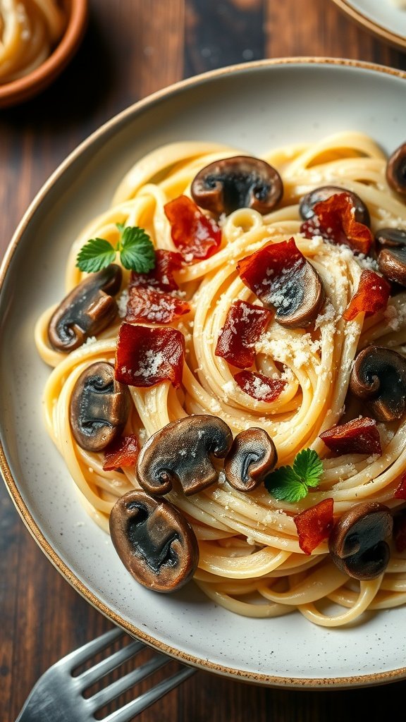 A bowl of creamy fettuccine pasta with bacon and mushrooms.