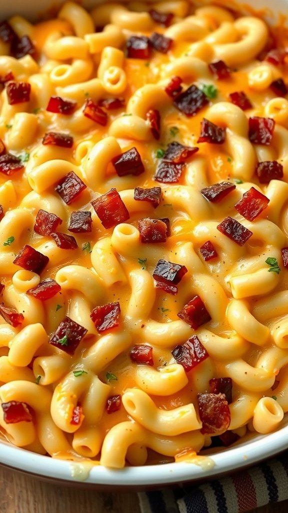 A creamy bowl of mac and cheese topped with crispy bacon bits.