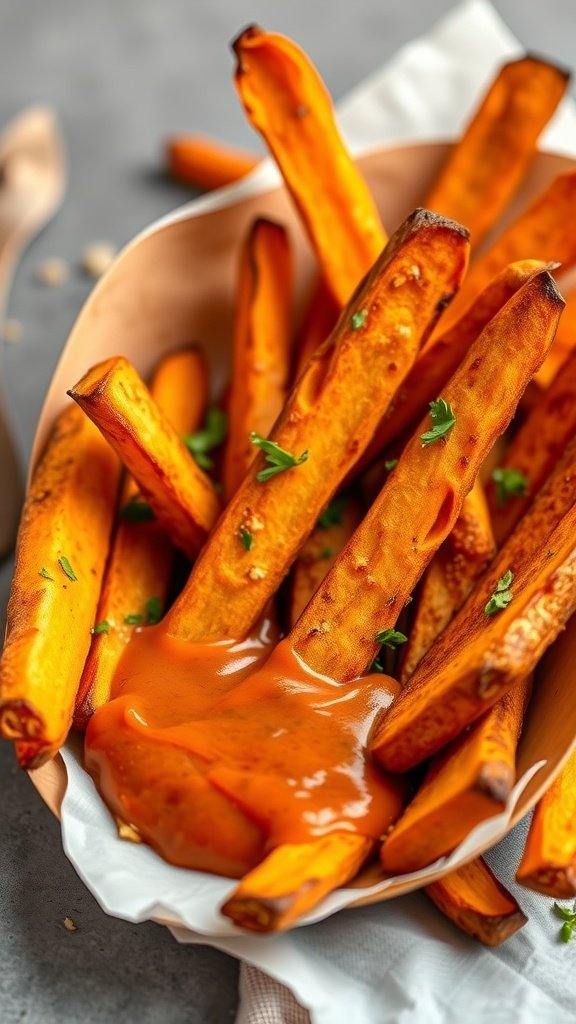 A bowl of crispy baked sweet potato fries with a dipping sauce on the side.