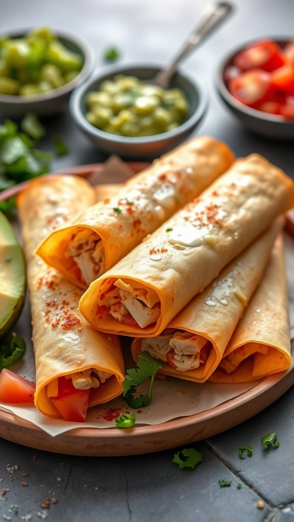 Plate of baked taquitos filled with chicken and cheese, garnished with cilantro, surrounded by bowls of guacamole, diced tomatoes, and chopped green onions.