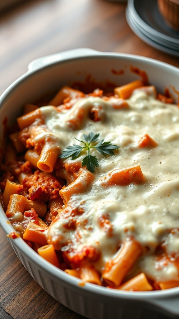 A dish of baked ziti with cheese, topped with a sprig of parsley, served in a white baking dish.