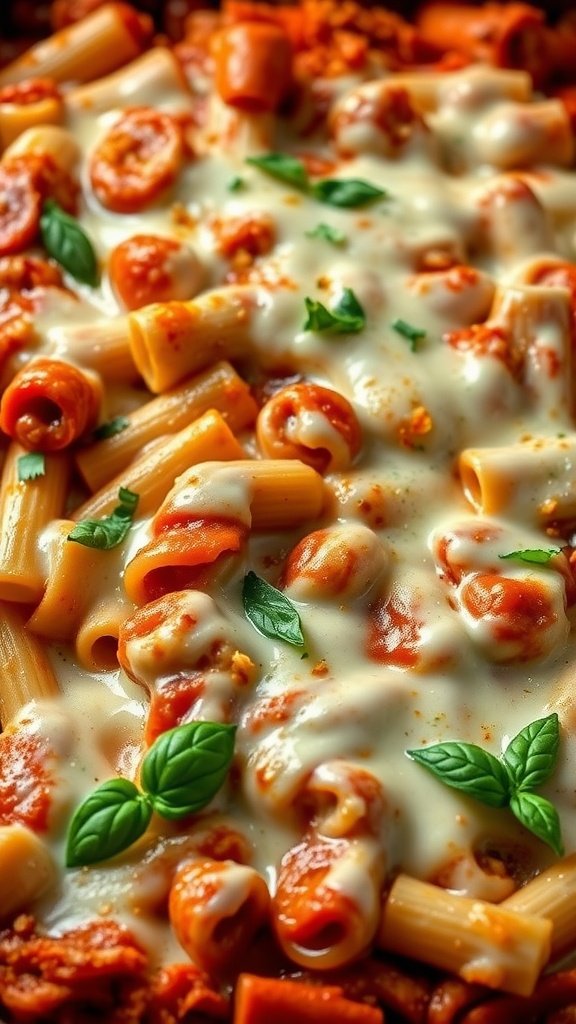 Baked Ziti with Mozzarella topped with fresh basil