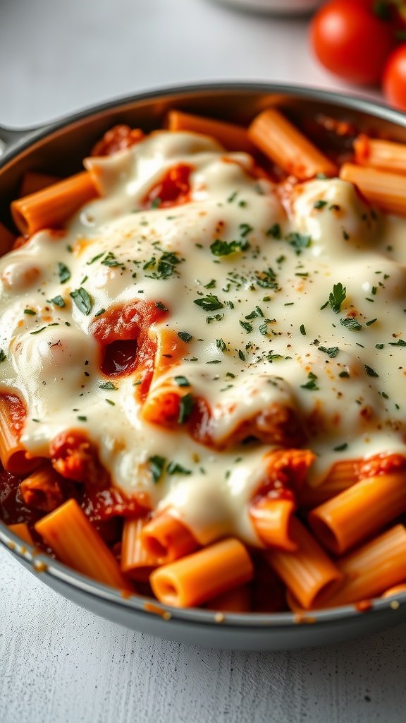 A delicious serving of baked ziti, topped with mozzarella and herbs.