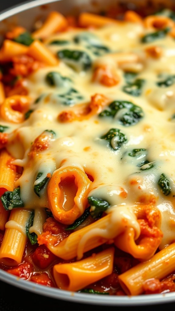 Close-up of baked ziti with spinach and ricotta topped with melted cheese.