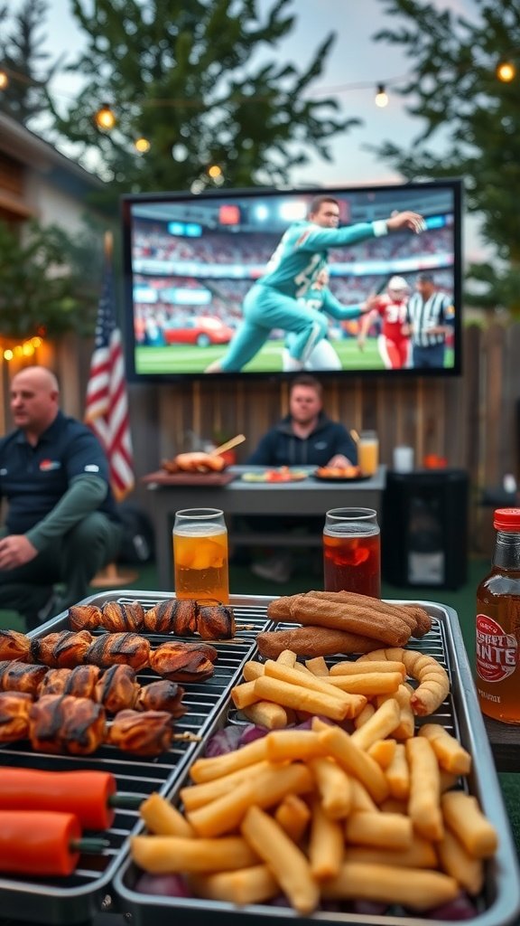 A backyard barbecue setup with grilled food and a sports movie playing on a big screen.