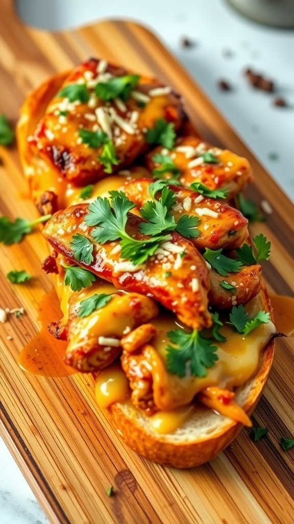 BBQ Chicken Cheesy Garlic Bread topped with cheese and cilantro