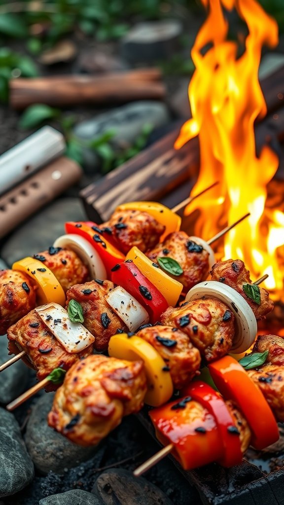 BBQ chicken skewers with colorful vegetables grilling over a campfire