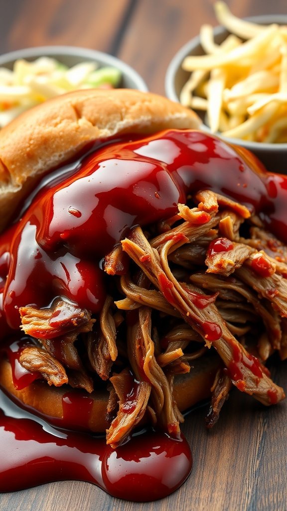 A delicious BBQ pulled pork sandwich topped with barbecue sauce, served with sides of coleslaw and fries.