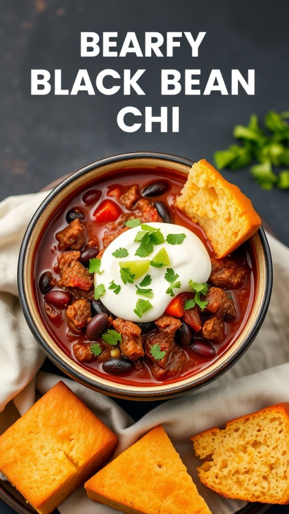 A bowl of beef and black bean chili topped with sour cream, cilantro, and served with cornbread.