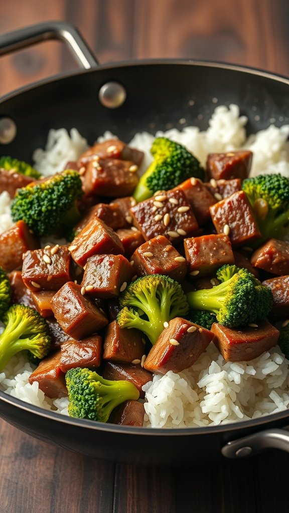 A skillet filled with beef and broccoli stir-fry served over white rice.