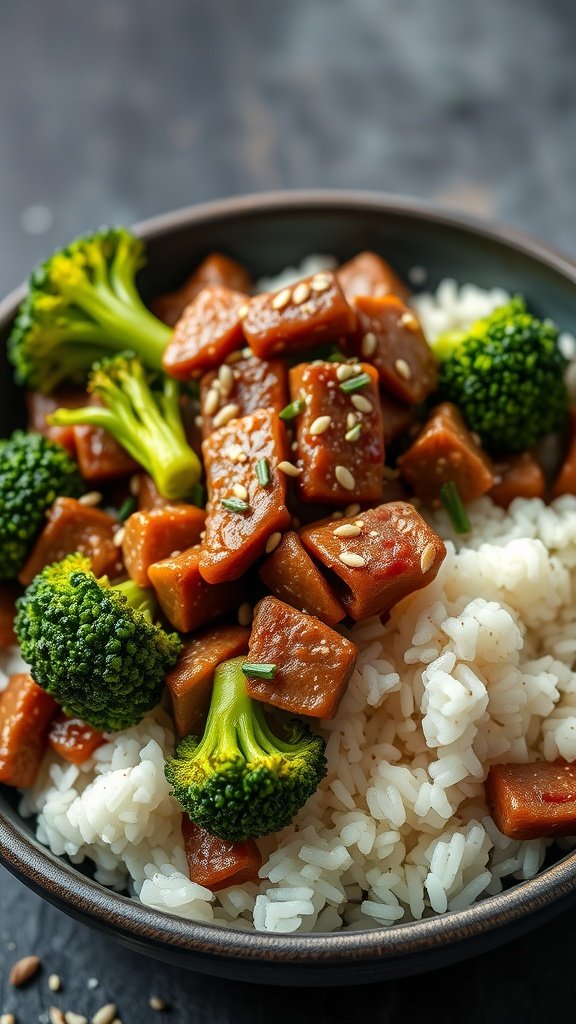 A delicious bowl of Beef and Broccoli Stir-Fry served over rice.