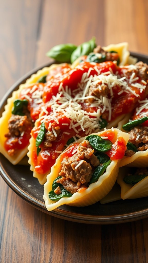 Plate of Beef and Spinach Stuffed Shells topped with marinara sauce and cheese