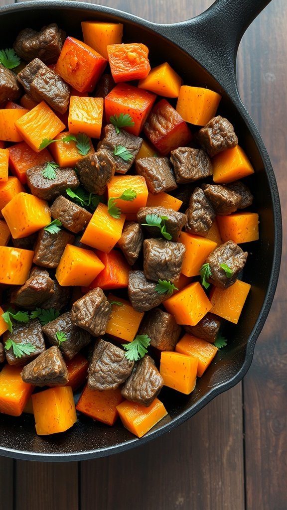 A colorful beef and sweet potato skillet dish