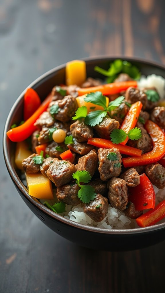 A bowl of beef and vegetable stir-fry served over rice.